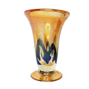 Handblown Studio Art Glass Vase Iridescent Amber Blue Swirled 6.5" Vase